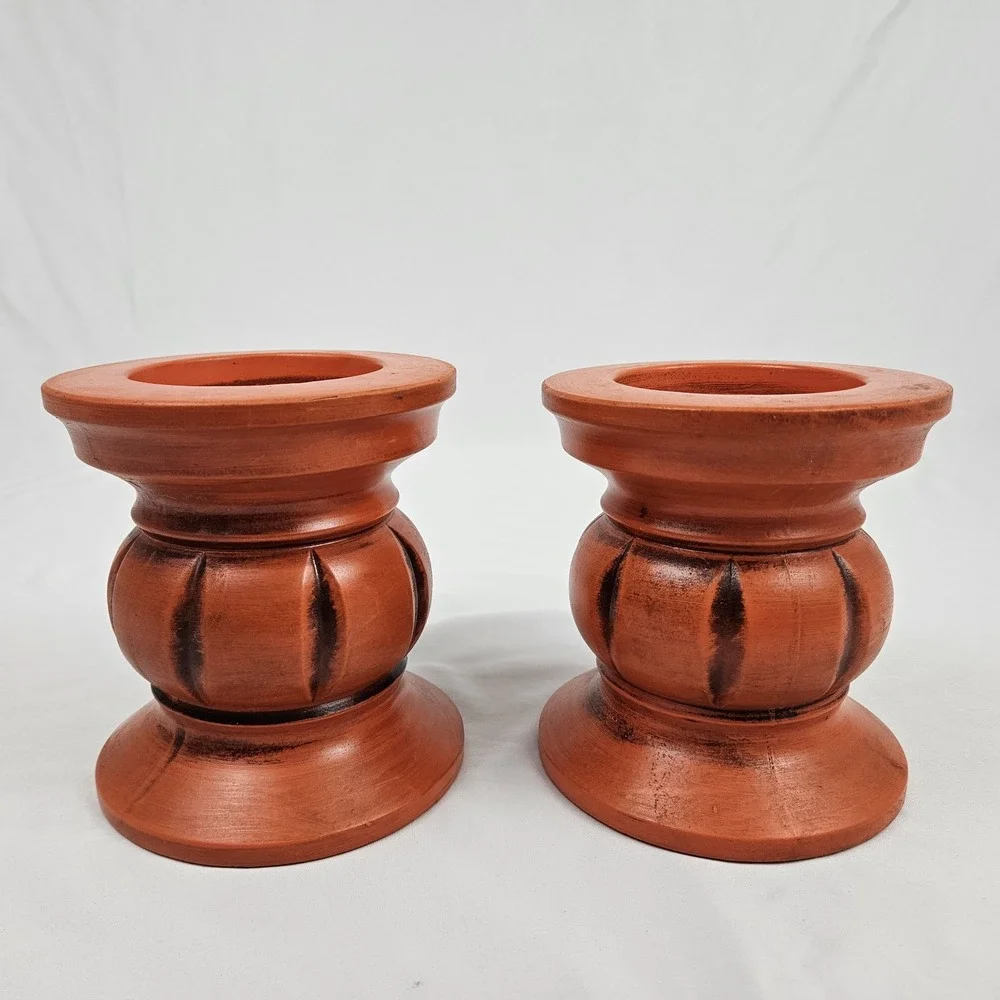 Vintage Boho Pillar Candle Holders Retro Orange Pottery 1960's Japan MCM